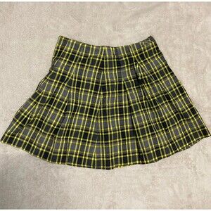 Theory Pleated Yellow Black Plaid Check Mini Skirt Size 2 Wool Cotton